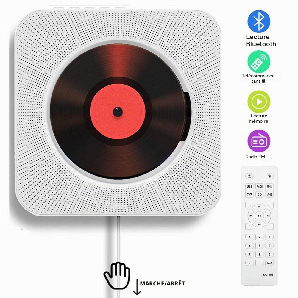 Lecteur de CD Portable de Bureau avec Bluetooth - Lecteur CD Musical Mural Multifuctional Intégré dans Les Haut-parleurs HiFi Home Mini Lecteur CD Audio Boombox avec Télécommande（Blanc）