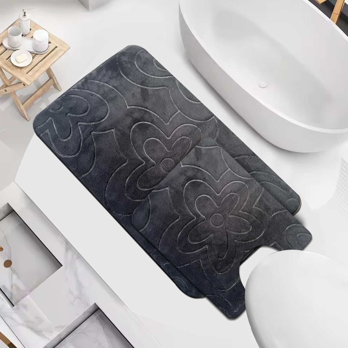 PHP Floral Foam Bath Mats - Extra Soft & Comfortable Quick Dry Memory Foam Bathroom Toilet Mat - Non Slip Floor Matts (Charcoal, 50 x 80 cm)