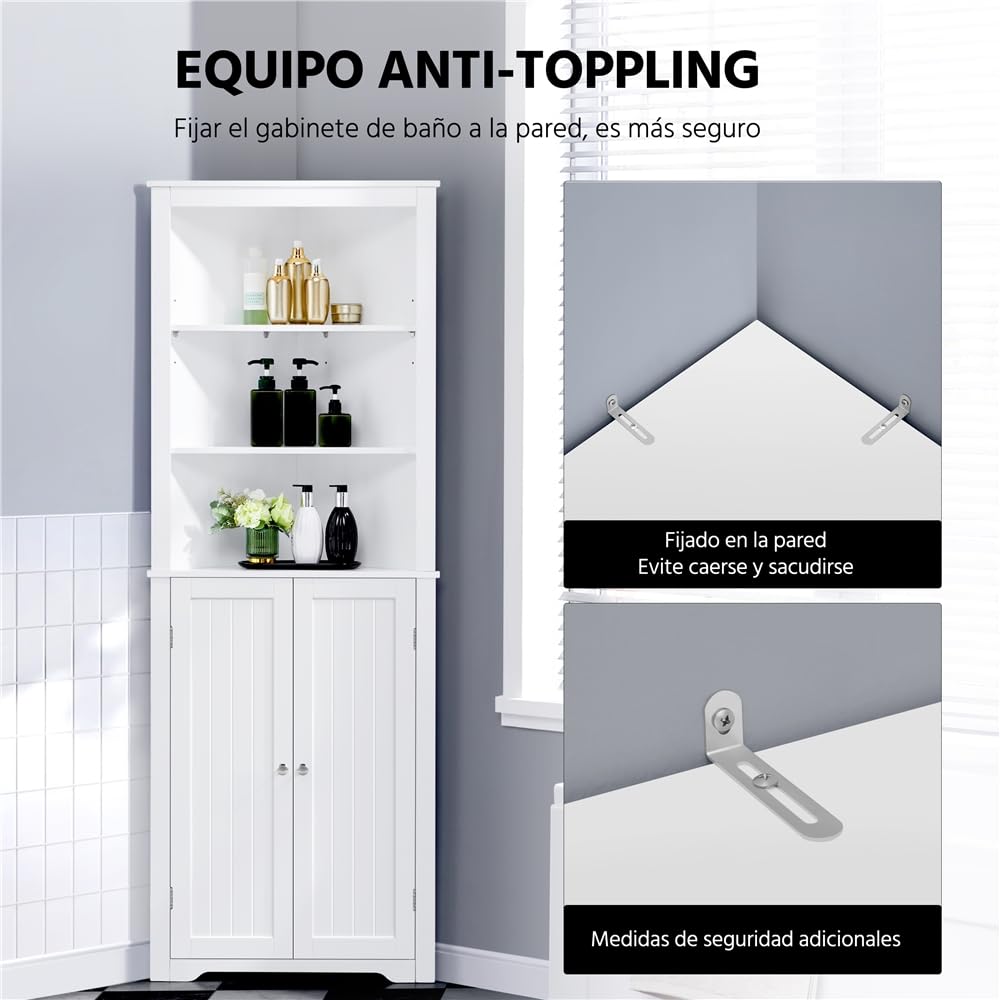 Yaheetech Mueble de Baño de Esquina Gabinete Triángulo 163x60x43cm Blanco | con 3 Estantes de Madera Abiertos y 1 Armario de 3 Alturas Ajustables con Protección Antivuelco
