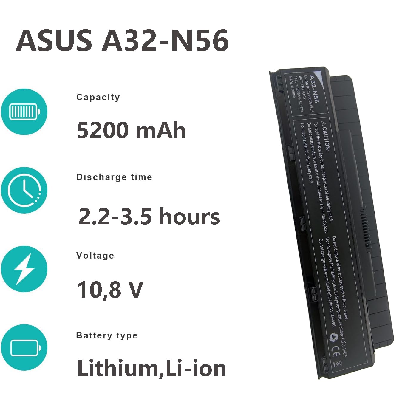Batería para portátil A32-N56 para los Modelos ASUS N46, N56, N56V, N56VB, N56VJ, N56VM, N56VZ, N56D, N56DP, N56DY, N56JR, N76, N76V, R401B, R501VB, R701VB, G56, G56, G56 66JRKK G56jr