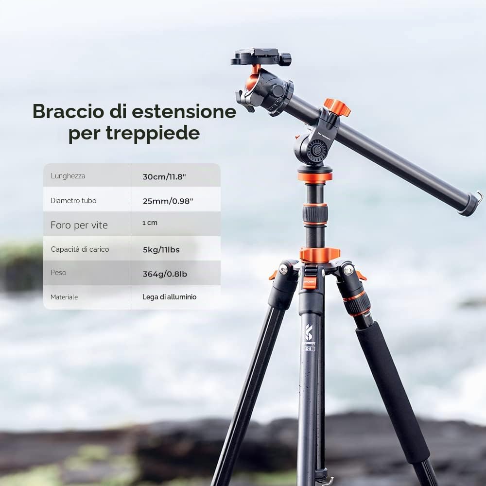 K&F CONCEPT Braccio Estensibile per Treppiede, Colonna Centrale Orizzontale | Lunghezza 30cm, Portata 5kg, Ideale per Riprese Macro, Studio e Uso Esterno, Braccio di Prolunga con Vite da 1/4" e 3/8"
