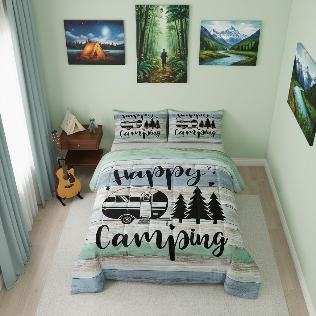 RV Camper Comforter 3 Pieces,Happy Camping Duvet Set for Boys Kids Teens Rustic Farmhouse Style Bedding,Black Sketch Drawing Bedding Comforters Vintage Old Barn Door Inner Fill,Queen Size