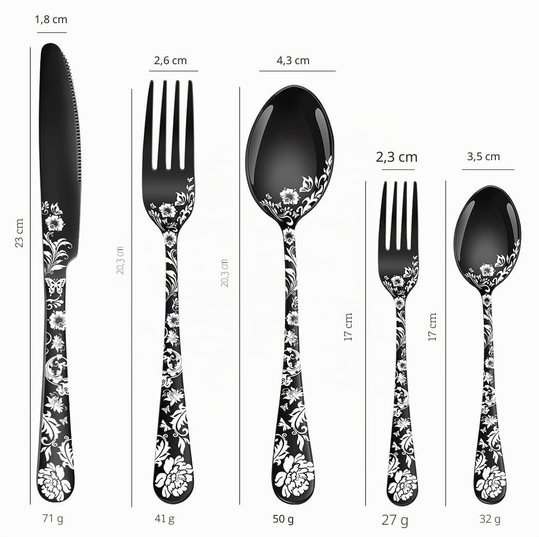 XIAOYU 40 pièces ensemble de couverts fleur de pivoine ensemble de couverts en acier inoxydable pour 8 personnes couteaux fourchettes cuillères ustensiles de cuisine, Argent