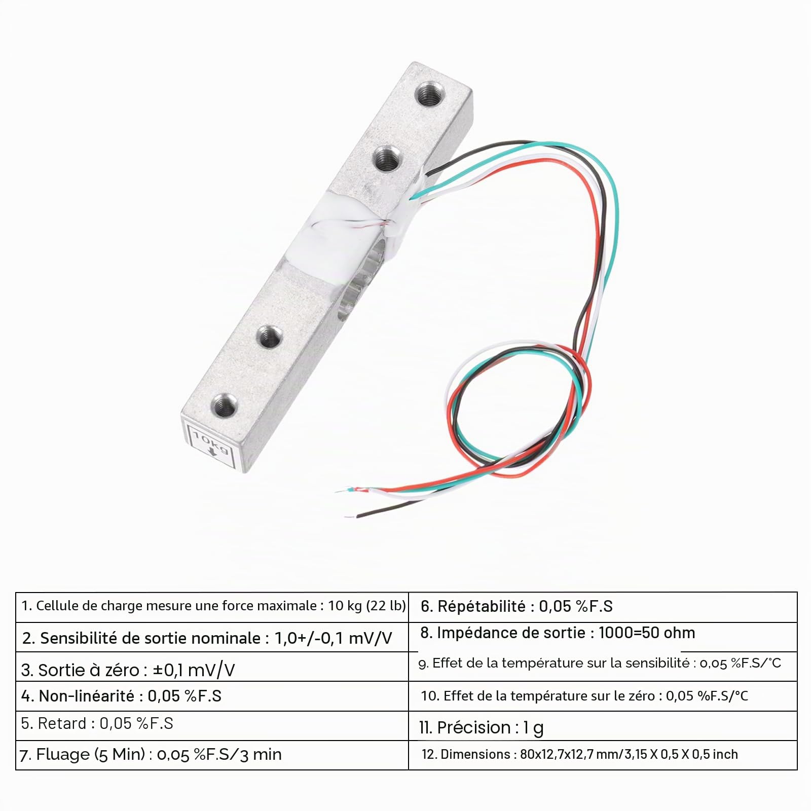 QUARKZMAN 4 Ensemble Capteurs de Poids à Cellules de Charge Numériques 10Kg + Module Capteur de Pesage HX711 24 Bits de Précision A/D à Double Canal pour Kit Balance Cuisine Électronique