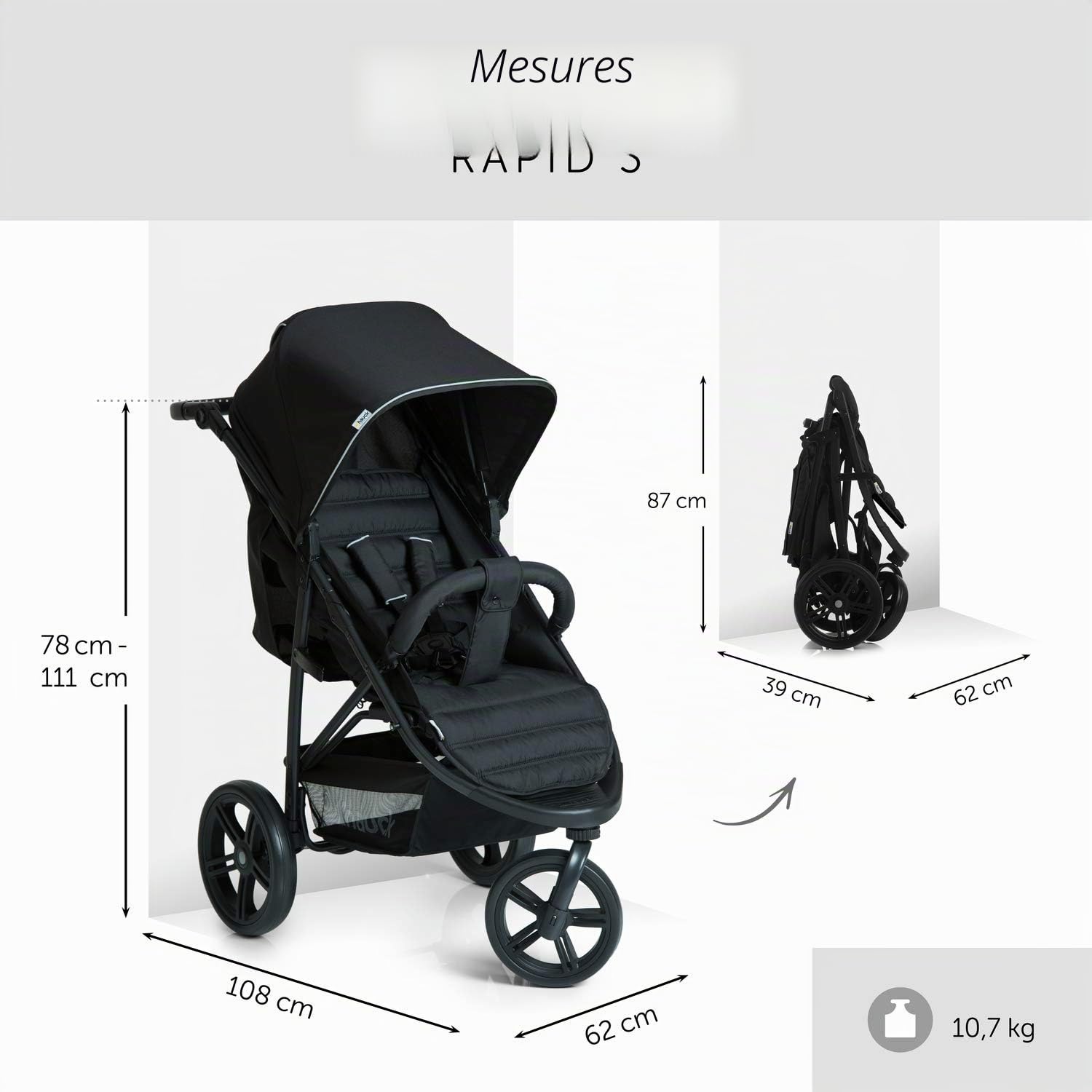 hauck Poussette Citadine Trois Roues Rapid 3 / Jusqu'à 25 kg / Pliable compacte / Hauteur Réglable / Position Couchée dès la Naissance / Grandes Roues / Panier Achats / Noir