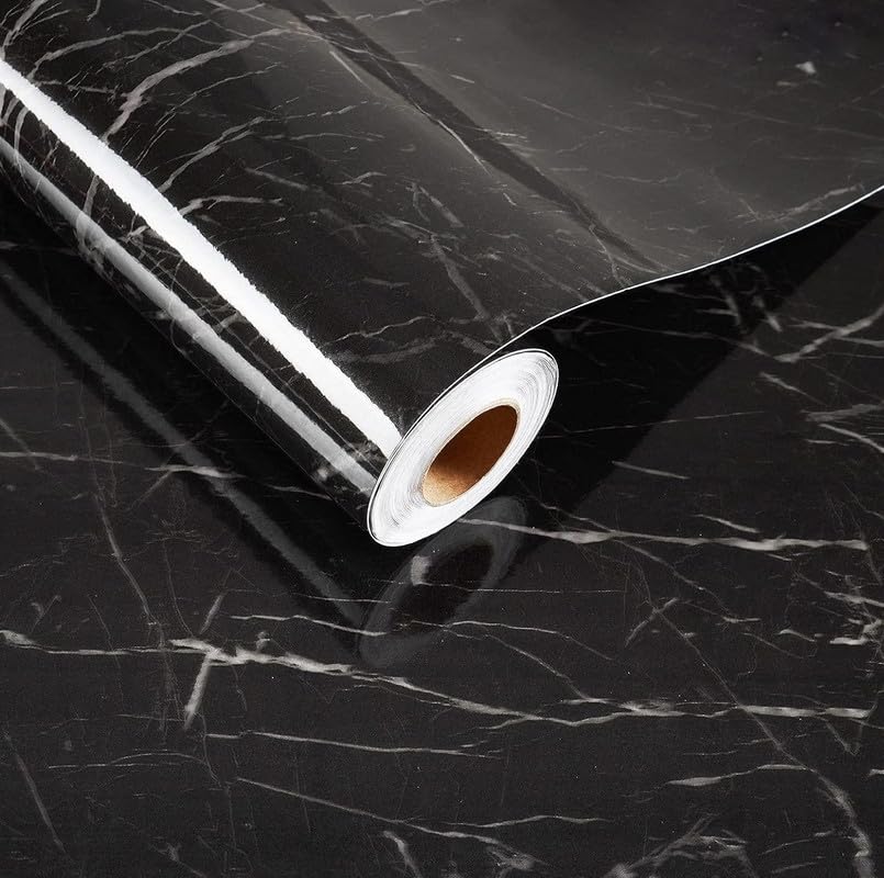 Image of HOME13 Vinyl Black Grey Shine Marble Removable and Decorative Vinyl Wallpaper for Kitchen Countertop Cabinets Table, 2 Ft x 4 Ft with 2pcs