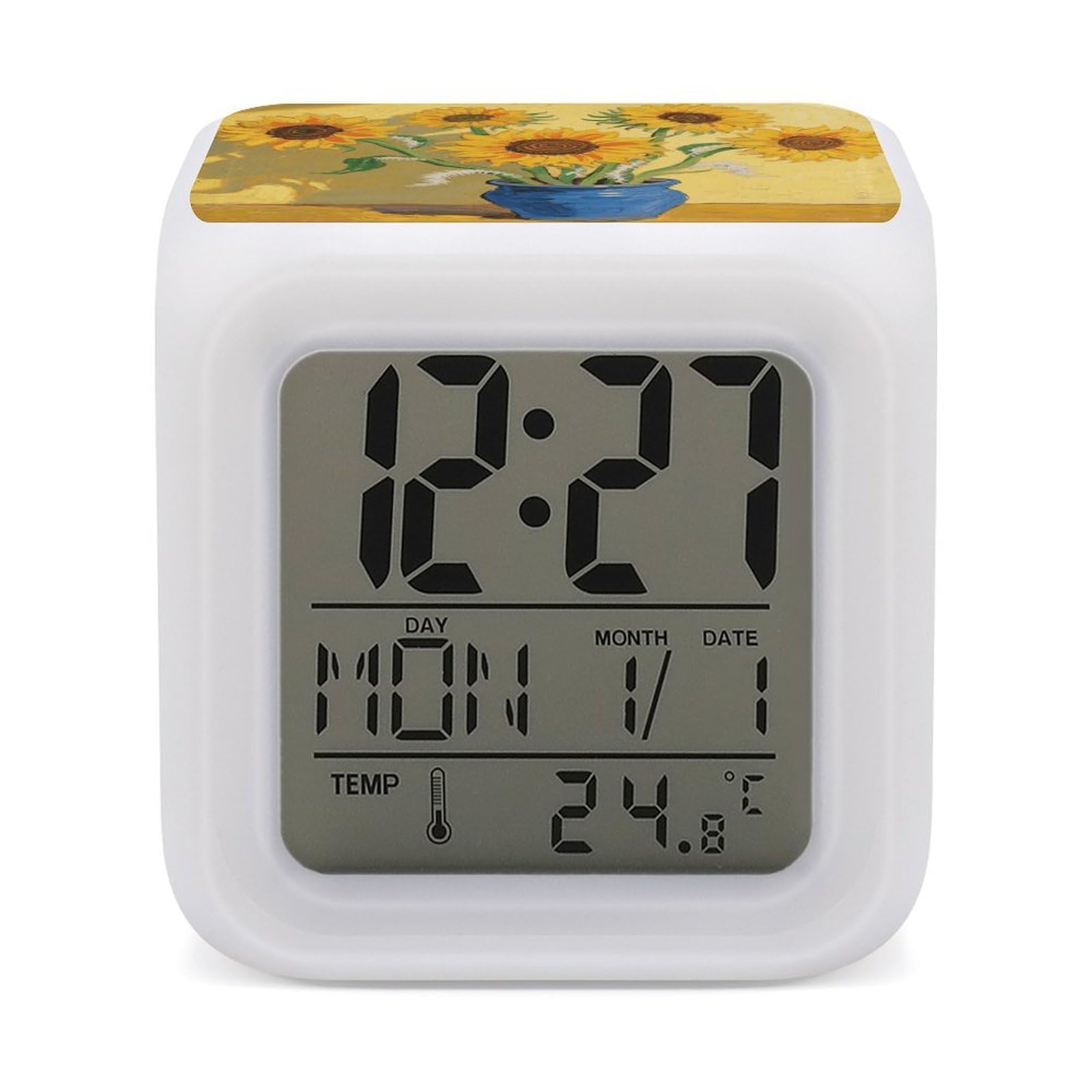 FodPand 7 Color Ambient Night Light Cube Battery Operated Sunflower Digital Clock with Snooze Temperature LED Digital Alarm Clocks Dimmable Wake Up Light Portable Mood Lamp for Bedroom Desk Gift