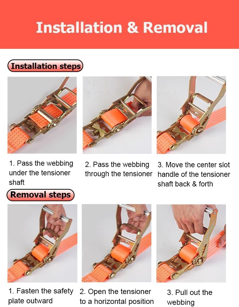 3.3-52' Long Ratchet Tie Down Strap, 1/1.5/2" Wide Heavy Duty Logistic Cargo Straps for Flatbeds Trailers Farms Rescues Tree Saver Boat Jet Ski(W 2",L 9.8')