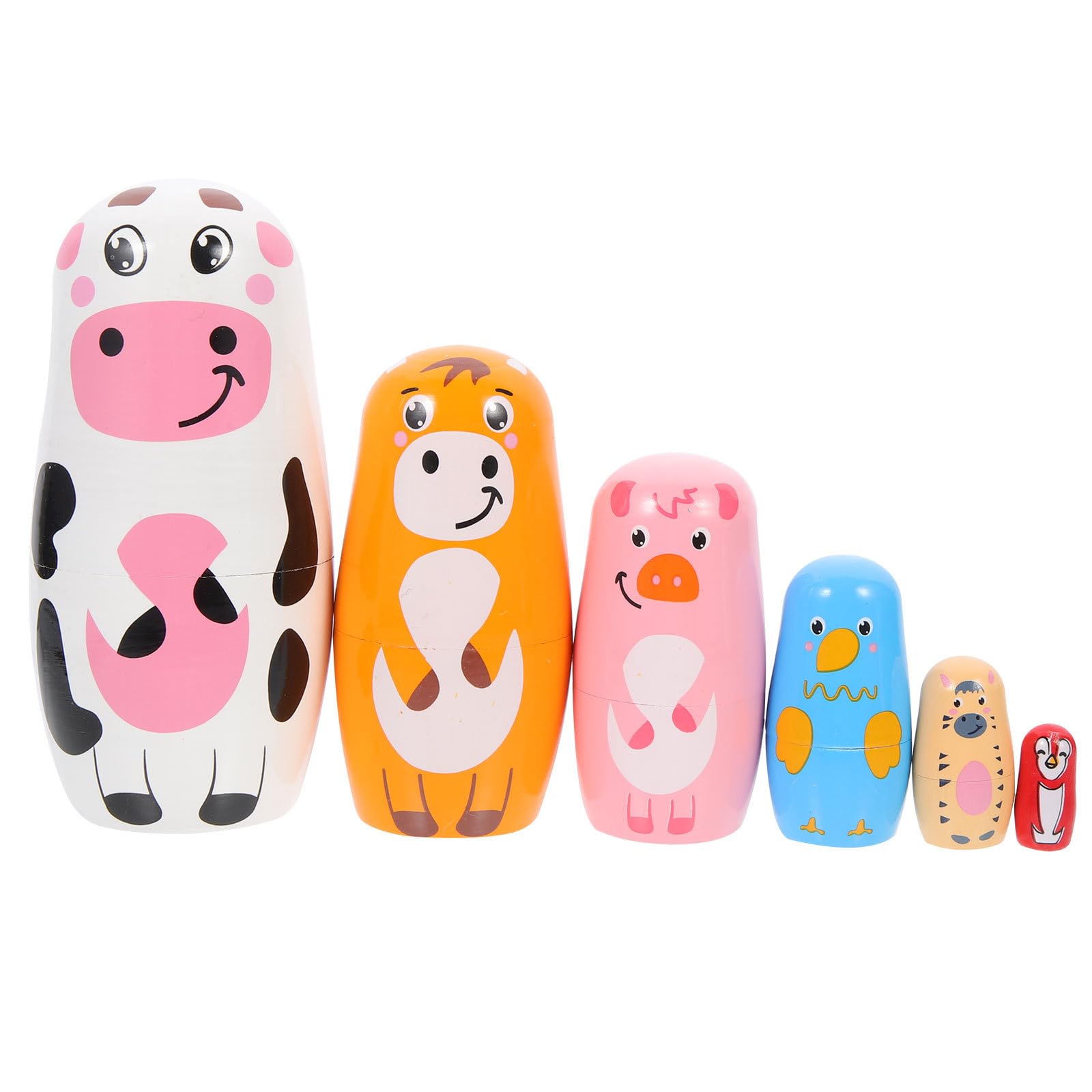 SEWACC 6 Layers Russian Nesting Dolls Cow Pig Duck Matryoshka Dolls Wooden Animal Figurine Matryoshka Wooden Toys for Children Kids Winter Party Wishing Gifts