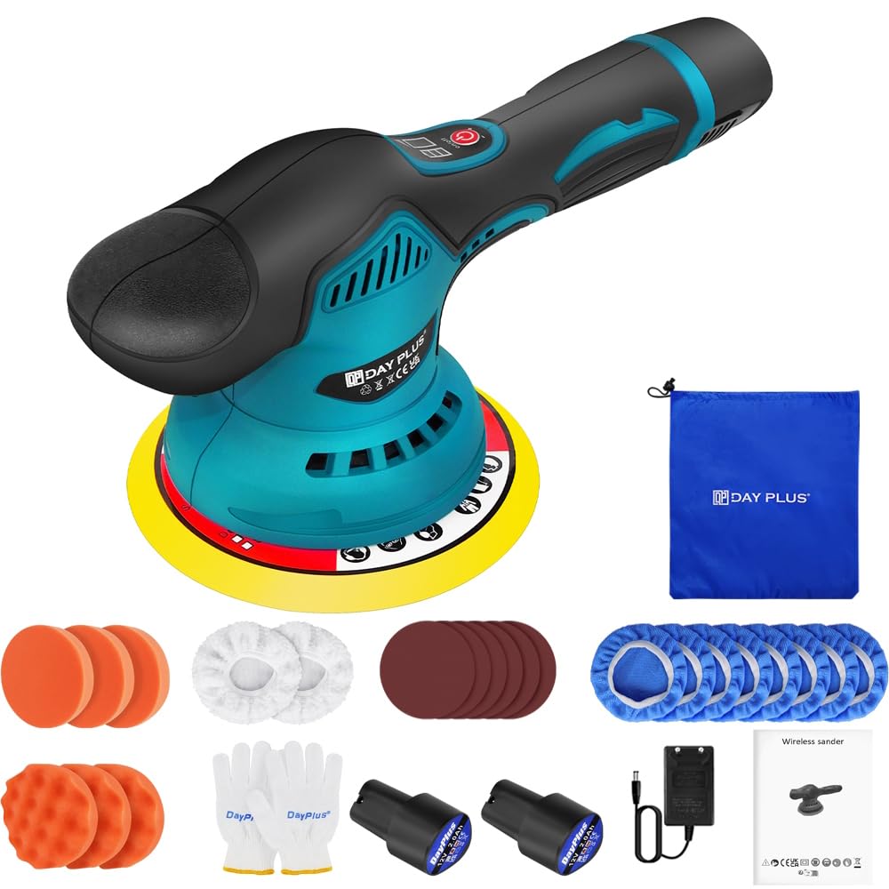 Akku Poliermaschine Set, Exzenter Poliermaschine 125mm, Auto Poliermaschine Set 22pcs, Akku Auto Poliermaschine mit 2 Batterien,8 Variable Geschwindigkeiten Akku Wachsmaschine für die Autodetailing