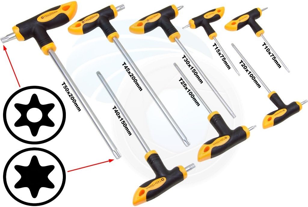 TOLSEN 8-Piece Torx T-Handle Screwdriver Set, CR-V Steel, T10–T50, Security Torx with Pin, Comfort Grip