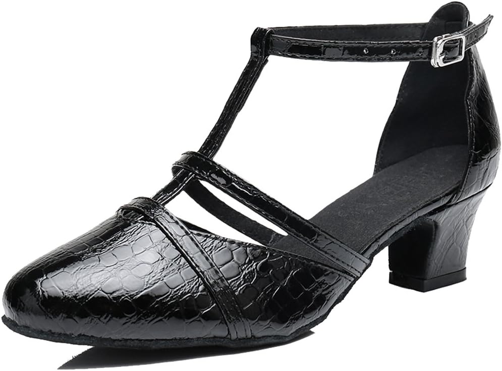 TDA Women's Classic T-Strap Mid Heel Black Synthetic Tango Ballroom Salsa Latin Dance Wedding Shoes 9 M US