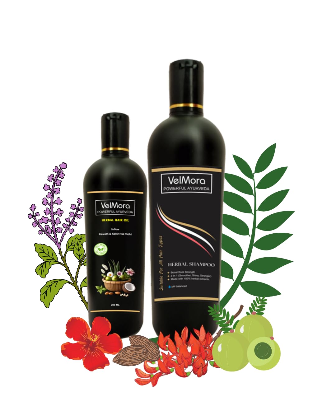VelMora Herbal Hair Oil - 200 ml + VelMora Herbal Shampoo – 500 mL | Ayurvedic hairoil | Combo Pack | Enriched with 10+ Ayurvedic Herbs for Hair Fall Control, Stronger & Thicker Hair, Healthy Scalp | Made with 100% Herbal Extracts-image-49