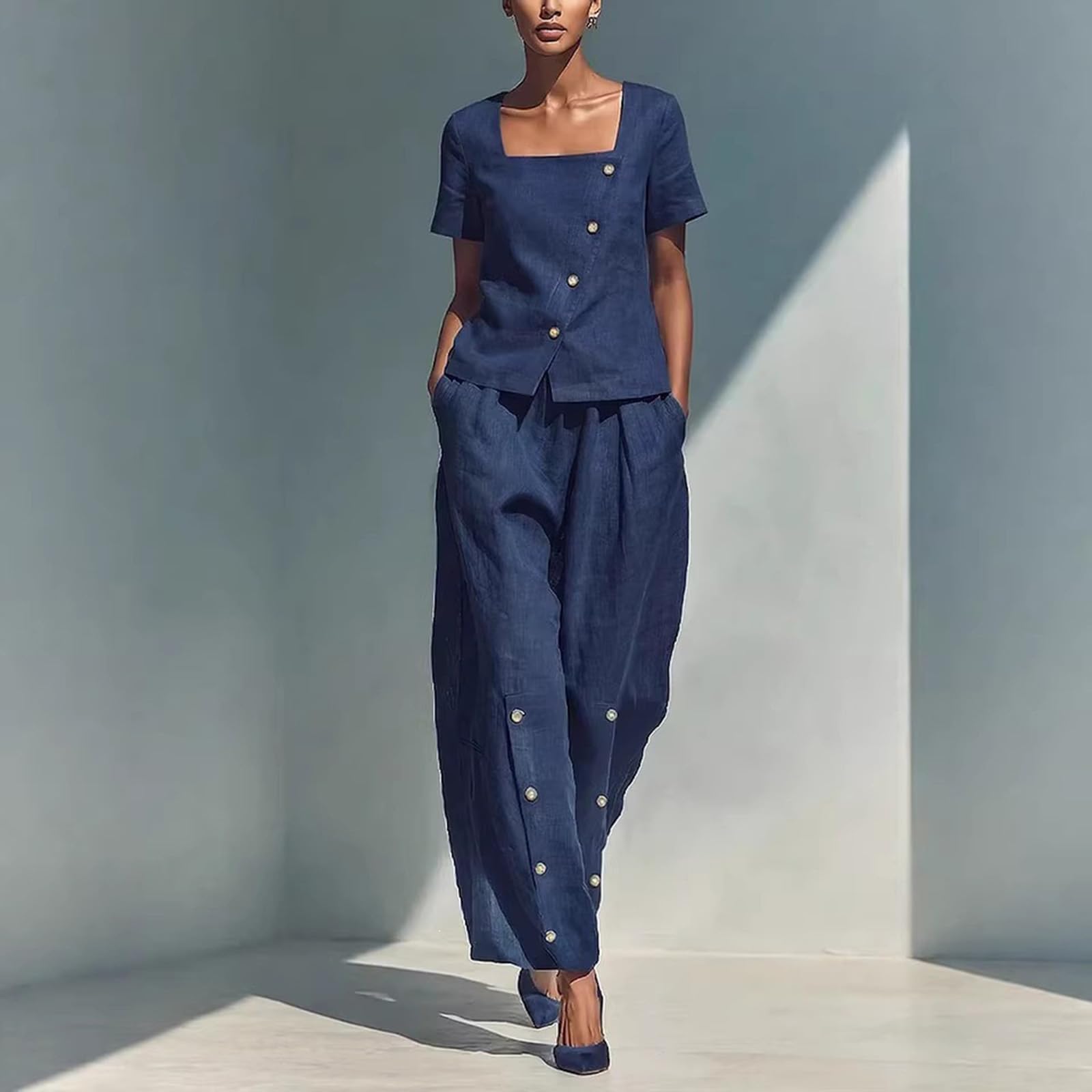 hausanzug damen Lässiges und modisches Damen Set aus kurzem Ärmel, weitem Bein, eckigem Ausschnitt, schräger Vorderseite, seitlicher Knopfleiste und eckiger Hose mit eckigem hosenanzug (Navy, S)