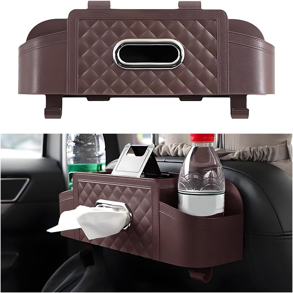 Osilly Car Headrest Backseat Organizer, Multi-Functional Vehicle Headrest Hanging Storage Box with Hook Cup Phone Holder Tissue Box, Automotive Interior Seat Back Organizer, Universal Fit (Brown)