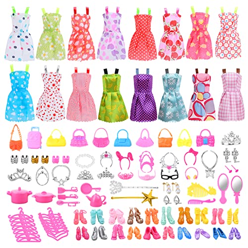 Vicloon 93 peças de roupa e acessórios para bonecas, 16 vestidos, 10 malas, 20 sapatos, 30 acessórios de joalharia, 7 louças, 10 cabides para boneca de menina de 11,5 polegadas