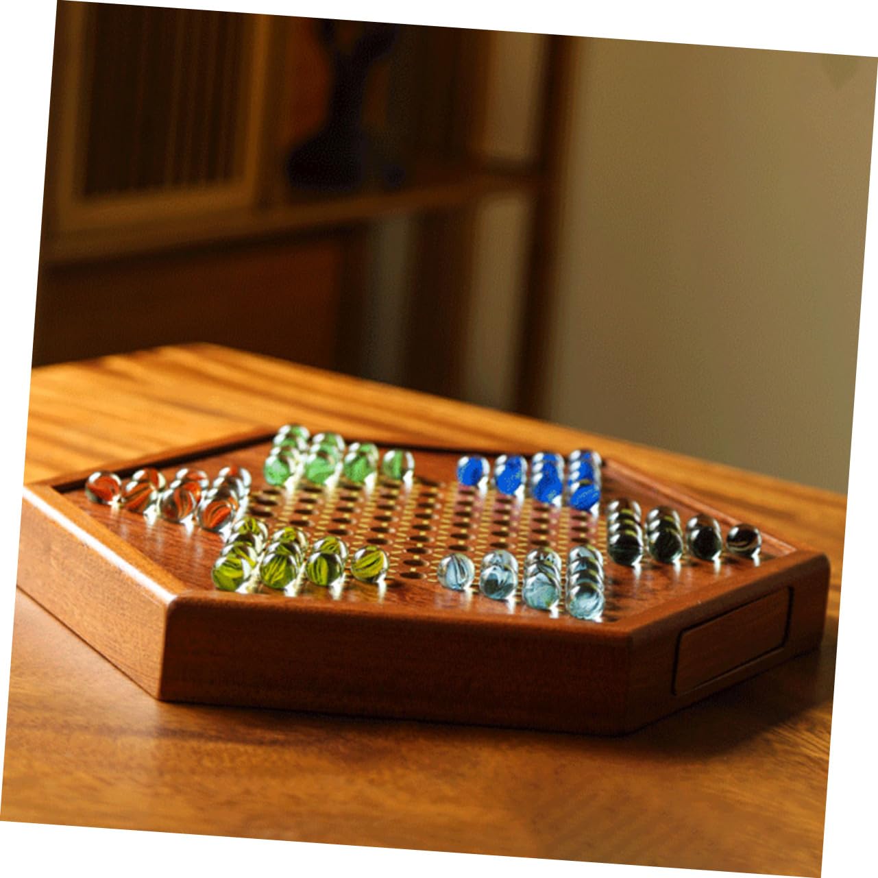 BESTonZON Set da Gioco Marrone e Cassetto Porta Biglie Dama Cinese in Legno Vassoio Esagonale e Pianificazione per Intrattenimento Familiare