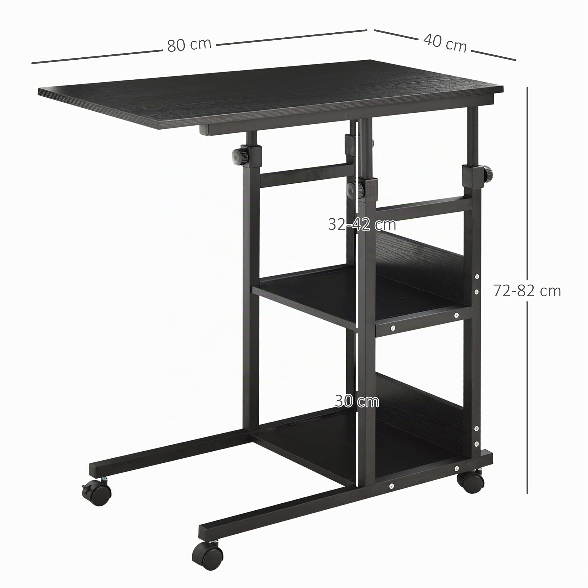 HOMCOM Mesa Auxiliar con Ruedas para Sofá en Forma de C 80x40 cm Negro | Mesa para Sofá, Altura Ajustable 3 Niveles de 72-82 cm, Marco de Metal, para Salón Cocina