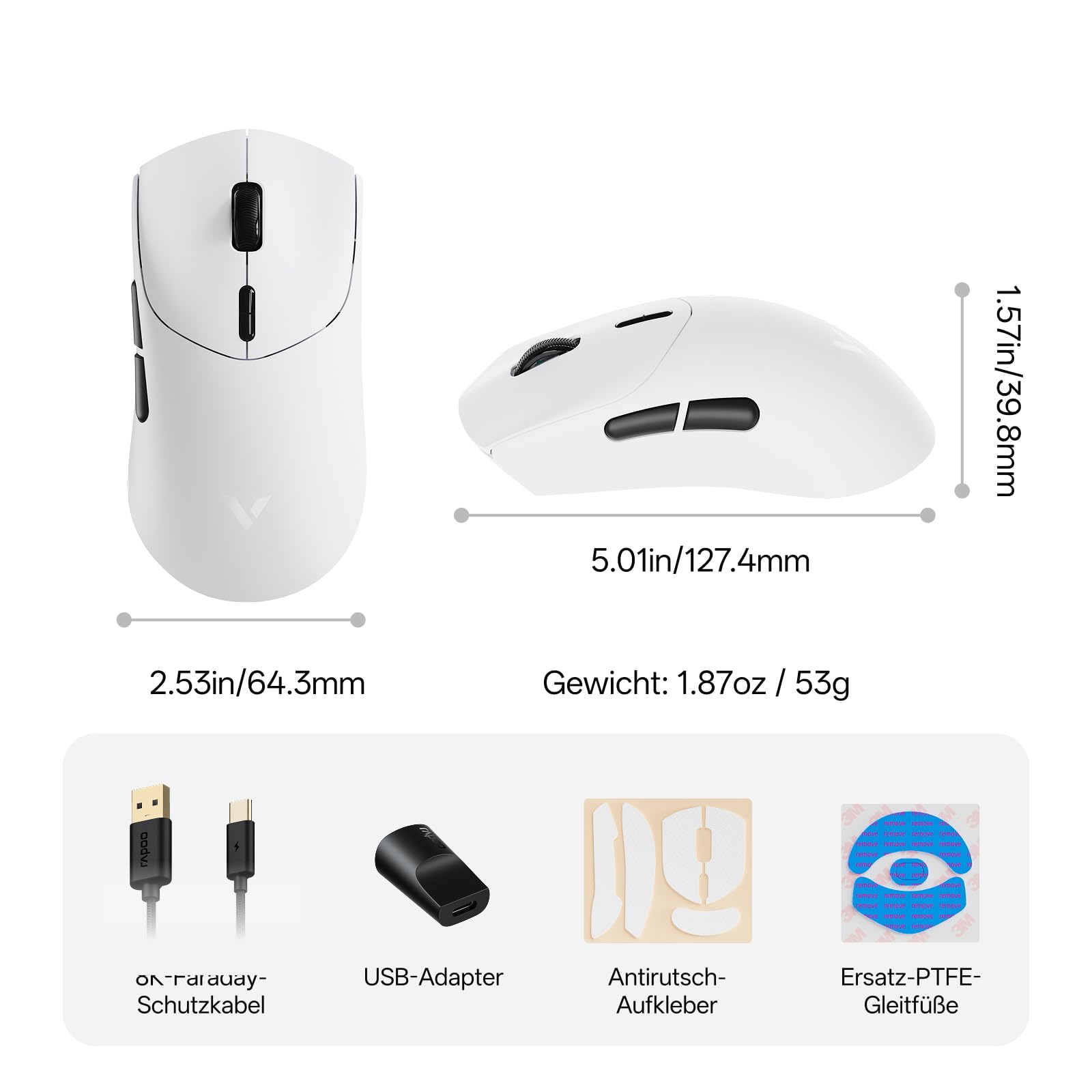 Rapoo VT7 - Mouse da gioco wireless, 53 g, ultraleggero, nativo 8000 Hz, Nordic | nRF54L15 MCU, batteria 750h, PAW3398 26K DPI, 10 pulsanti programmabili, design simmetrico, compatibile con PC e Mac, bianco