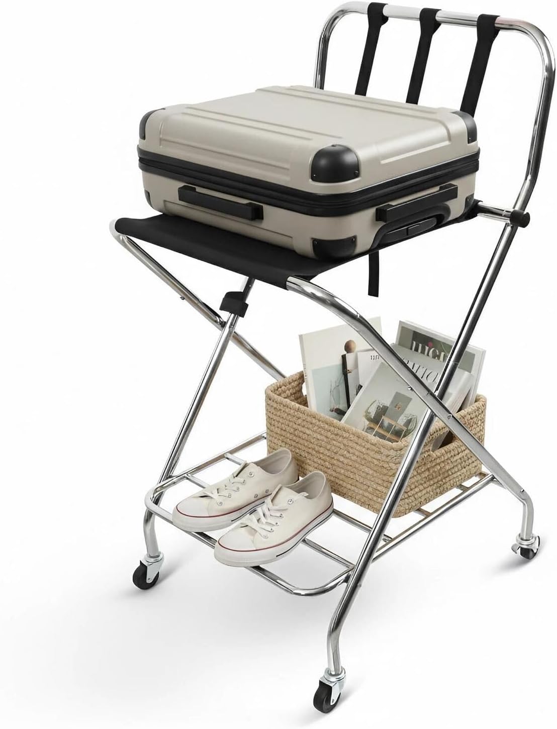 Foldable Luggage Rack with Wheels for Guest Room - Metal Frame Folding Suitcase Stand With 2 Shelves - Portable Luggage Storage Rack - Easy Assembly Suitcase Holder for Hotel, Travel and Bedroom