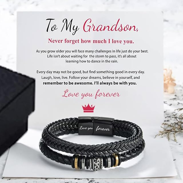 TTXS to My Grandson Braided Leather Bracelet I Will Always Be with You,Personalized Double Row Magnetic Closure Inspirational Bracelets,Graduation/Birthday Gift for Grandson from Grandma and Grandpa