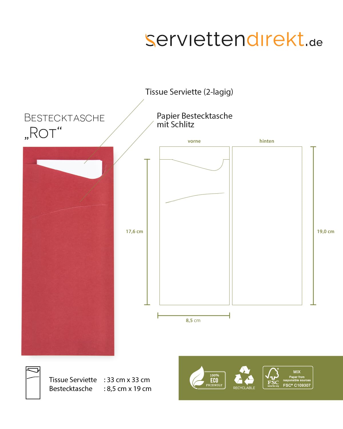 PRIME GUEST Bestecktasche Prime Fit 85x190mm Bestecktaschen mit Serviette in Weiß Serviettentasche ideal für Gastronomie und Feiern (Rot, 100 Stück)