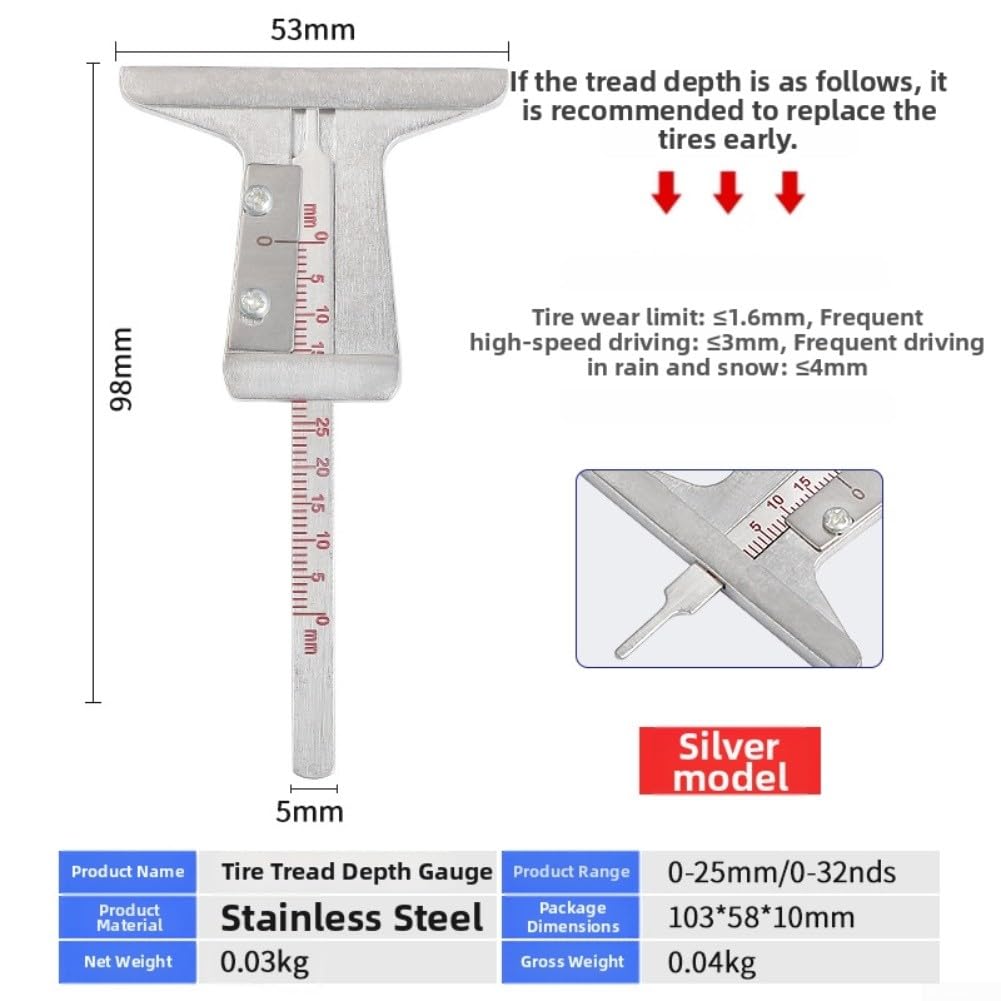 Misuratore di profondità del battistrada, da 0 mm a 50 mm, in acciaio inox, strumento di misurazione per auto, moto, camion, rimorchi, sonda resistente, design compatto (argento)