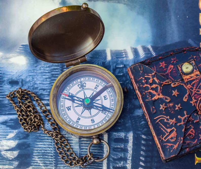 Handmade Vintage Brass Engraved Compass with Leather Carry Case & Chainmail – Nautical Map Reader Glass Magnifying Compass for Navigation and Outdoor Adventures