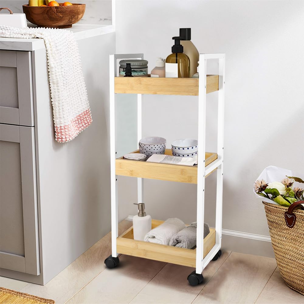 LANTUS Chariot de Rangement à roulettes, Desserte, Verrouillables, Chariot de Service pour Bureau Salon Cuisine, Capacité 25 kg,20 * 30 * 80cm-Blanc