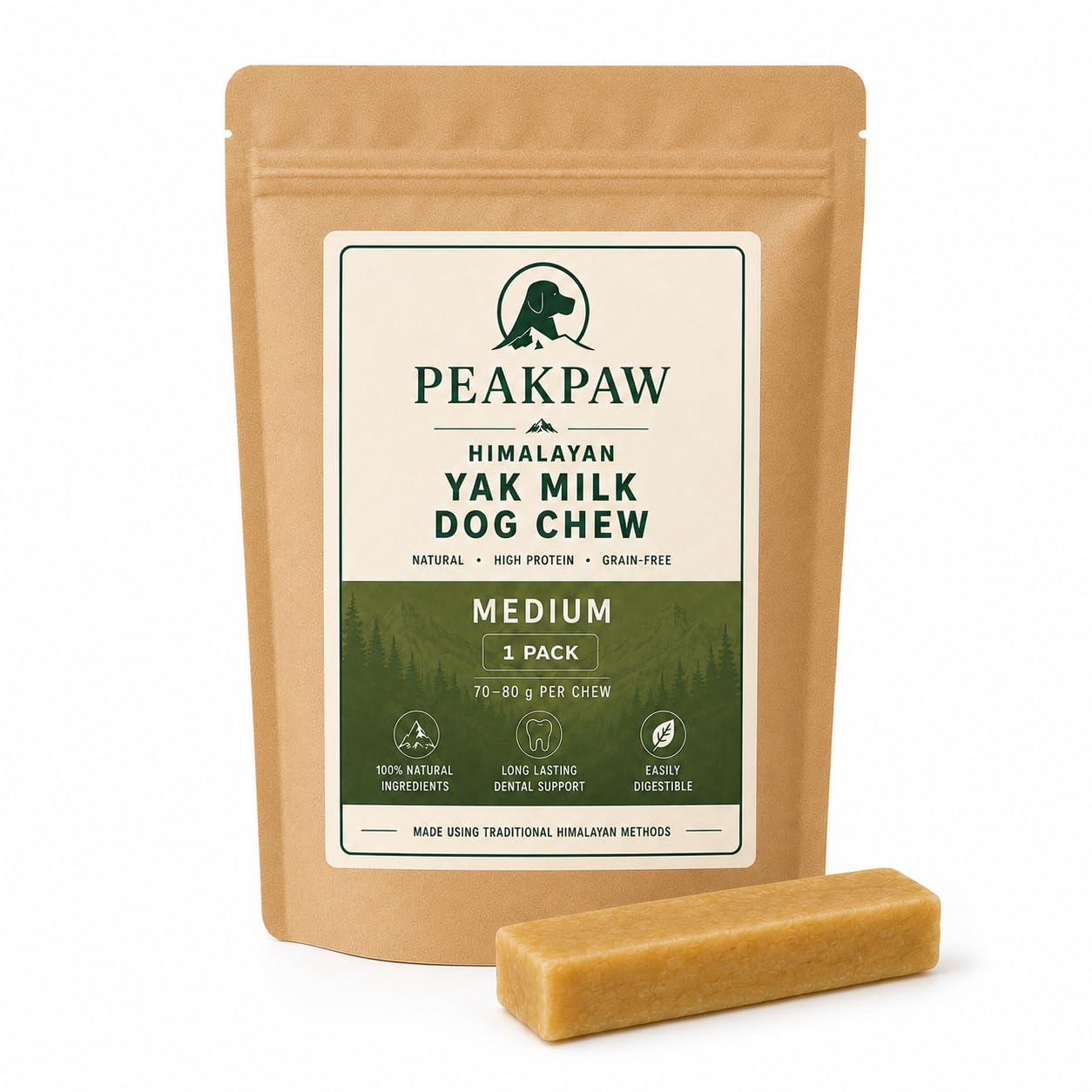 1 Pack - PeakPaw Himalayan Yak Milk Dog Chews, Medium 70-80g, Long-Lasting