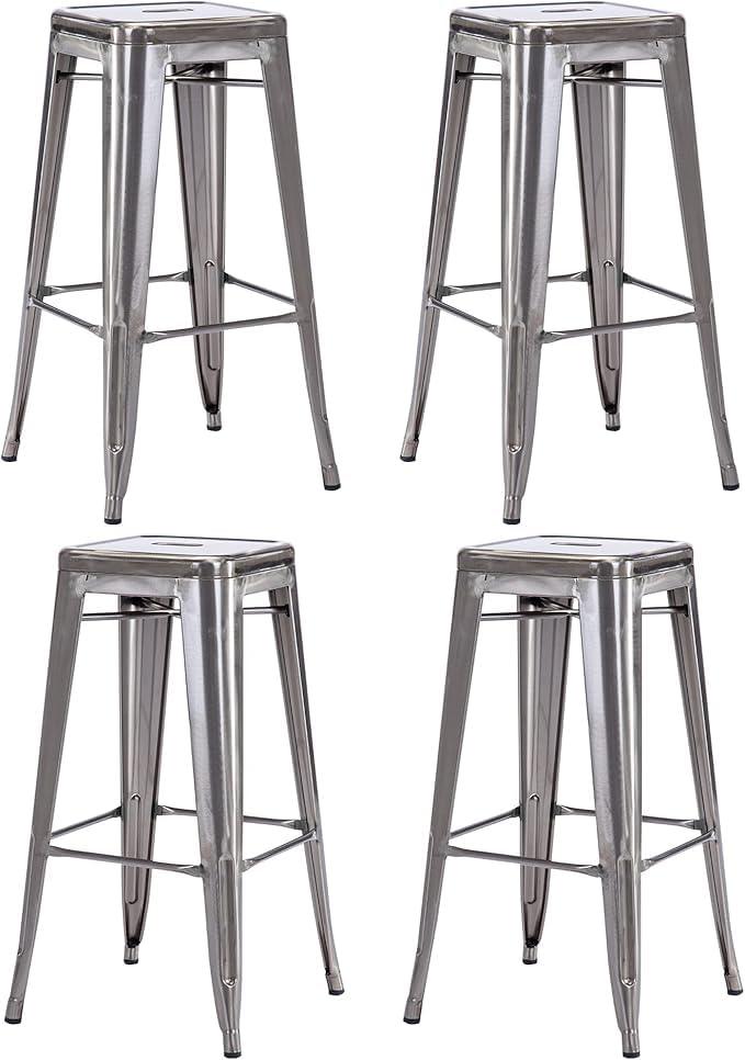 HOM4NISH Metal Bar Stool with Footrest - Set of 2, 4 - Backless, Armless, Square Seat, Counter Height, Stackable Bar Chair