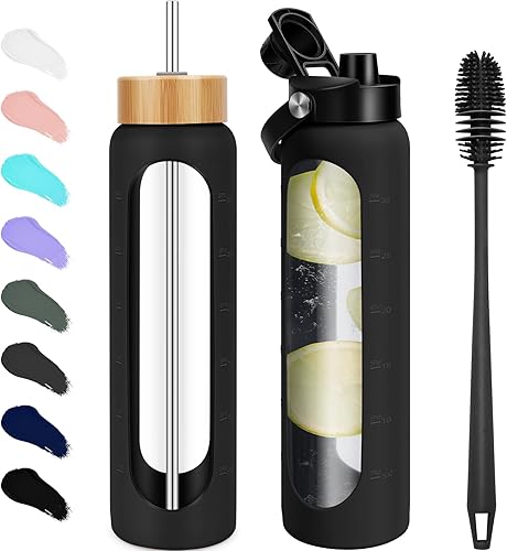 Miniatura 1 de Botellas de agua de vidrio de 32 onzas  Vaso motivacional de 1 litro con marcador de tiempo  Botella de agua de vidrio de borosilicato con funda de