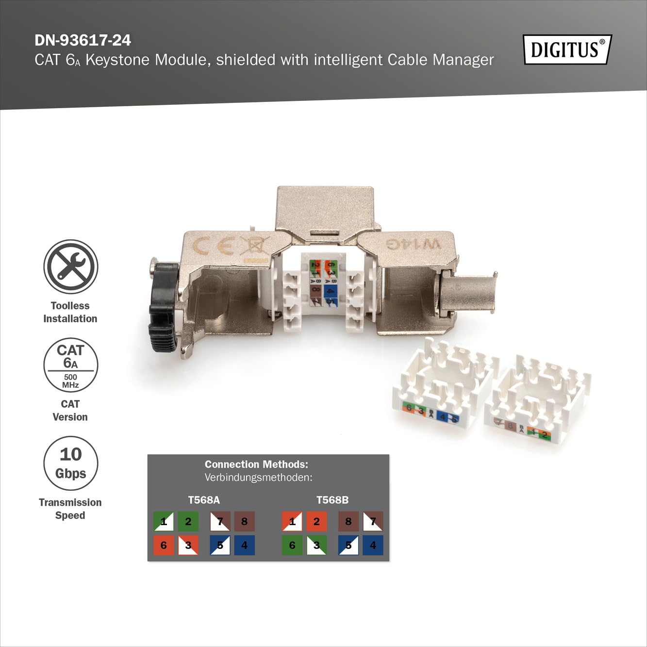 DIGITUS Moduł Keystone Cat-6A ekranowany - 24 sztuki - Gniazdo RJ45 - 500 MHz 10GBase-T - AWG 26-22 - Projektowalny - Z dźwignią blokującą - Montaż bez użycia narzędzi