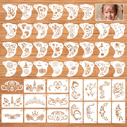 46 Pcs Reusable Face Painting Stencils Face Paint Stencils for Body Facial Art DIY Makeup Paint Templates with Rings for Party Festival Birthdays