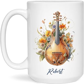 Personalized Name Mandolin Coffee Mugs, Customized Mandolin With Flowers Mugs, Mandolin Tea Cup, Music Lover Cups, Mandolin Ceramic Mugs, Instrument Mugs, Mandolin Gift For Mandolin Lovers