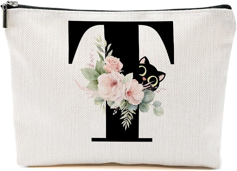 Necessaire de maquiagem CFGBFDGH com estampa floral e gato T, fechamento com zíper