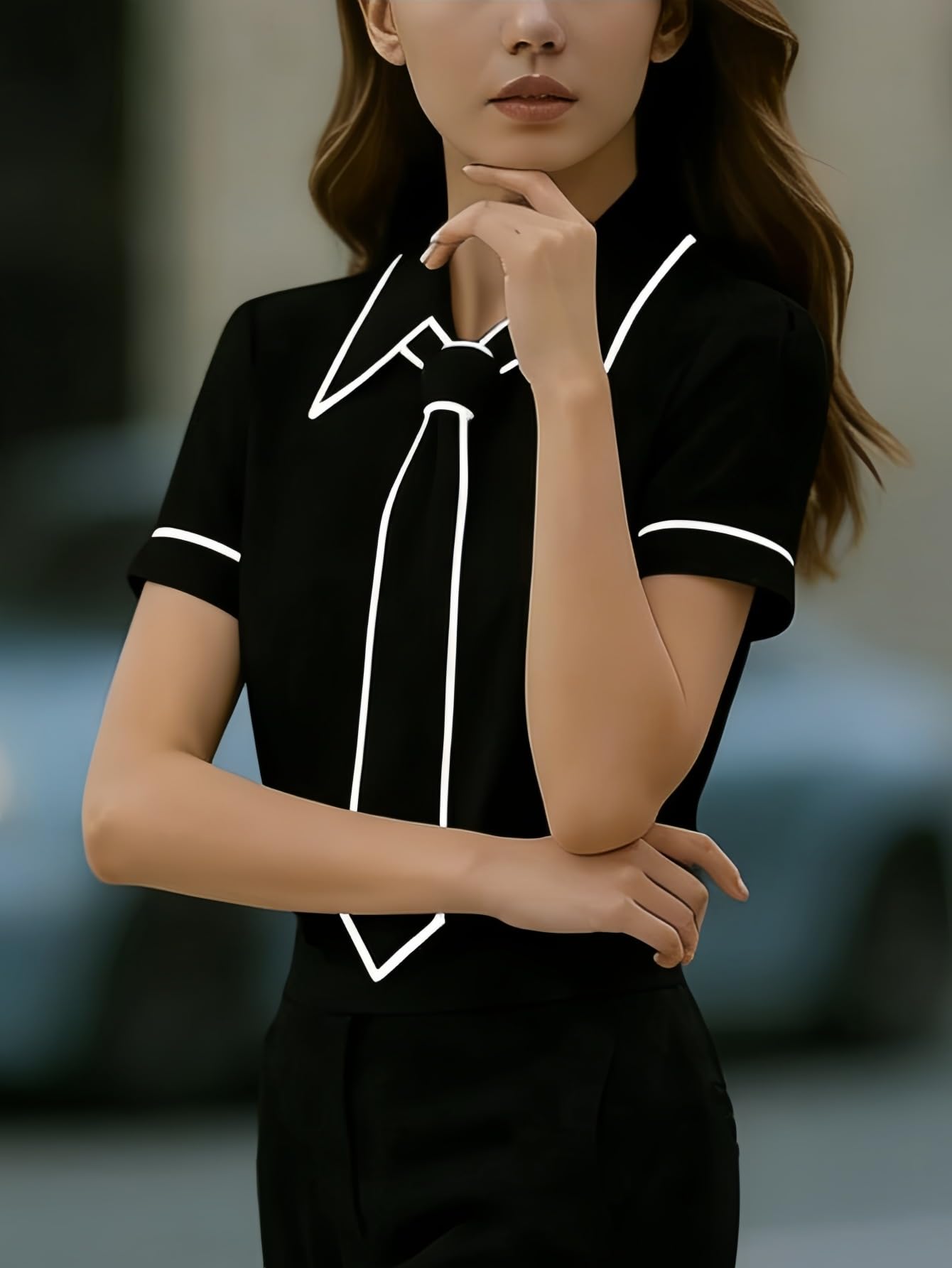 Blusa de satén de manga corta con botones para mujer, elegante, delgada, para negocios, trabajo, oficina, informal, con lazo en el cuello