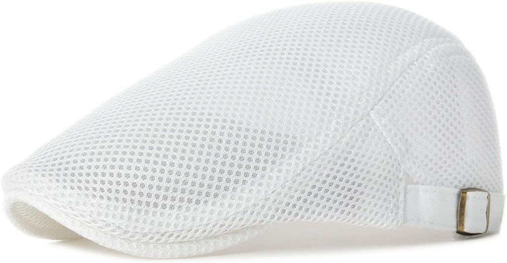 VOBOOM Men Breathable mesh Summer Hat Adjustable Newsboy Beret Ivy Cap Cabbie Flat Cap MZ124 (White)