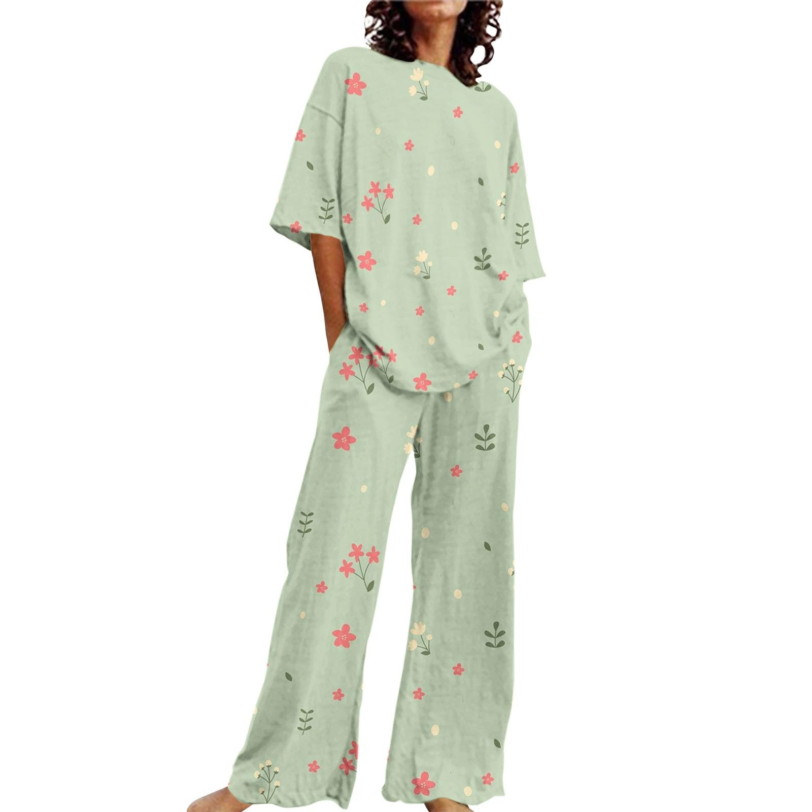 GenericWomens Silk Pyjamas Ladies Pyjamas Size 18 Womens Women Suitable Summer O Neck Loose Short Sleeve Floral Print Top Shirt With Pants Large Size 2 Set Womens Medium Pajama Set