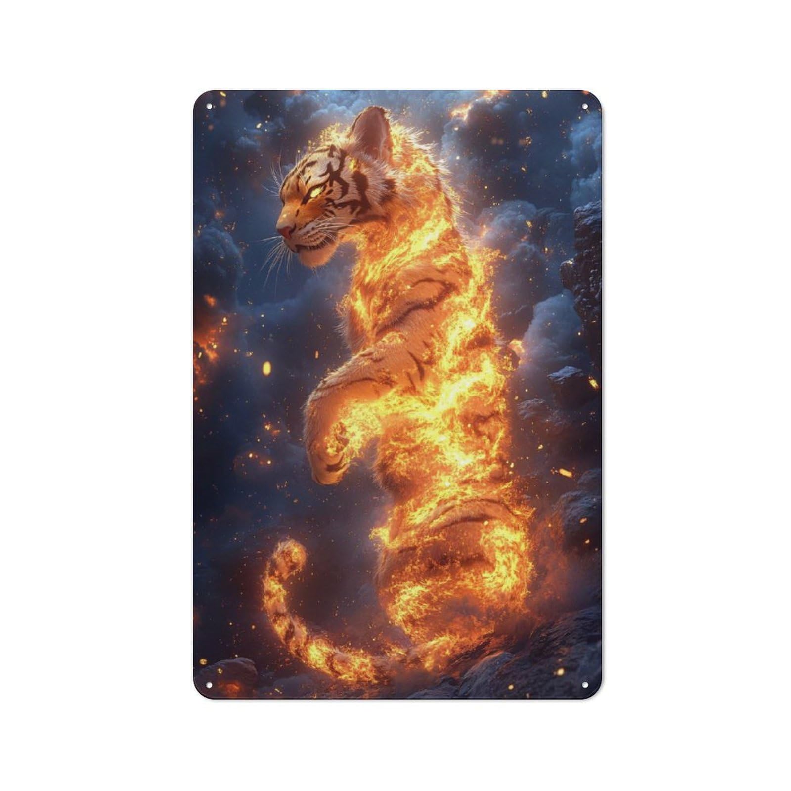 Outdoor Room Shed Metal Sign 30x20cm Featuring Fiery Tiger Standing Amidst Smoky Landscape, Shed Wall Decor for Shed, Garden Room, Porch Or Garage