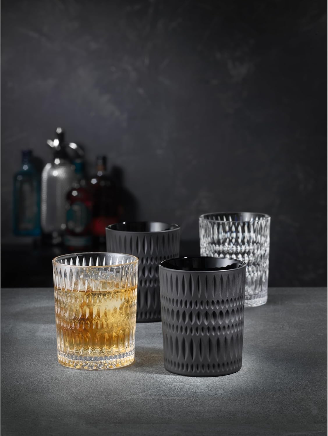 Nachtmann Ethno Whisky Tumbler, 6-teiliges Whiskybecher-Set, 304 ml, Schwarze Whiskygläser aus Kristallglas mit Schliffdekor, Spülmaschinenfest, Schwarz, 105395-3