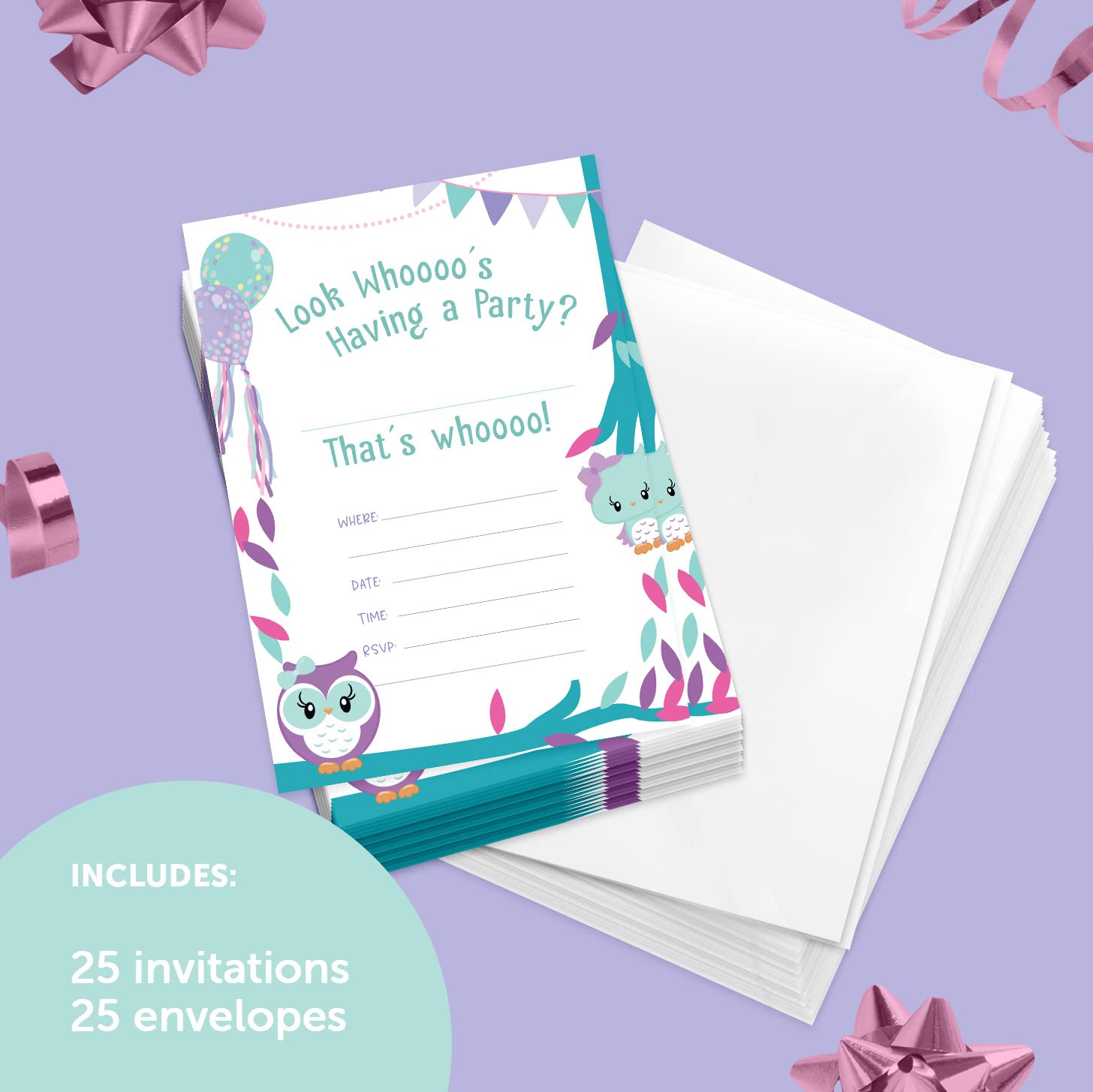 Desert Cactus Owl Happy Birthday Invitations Invite Cards (25 Count) With Envelopes Boys Girls Kids Party (25ct)