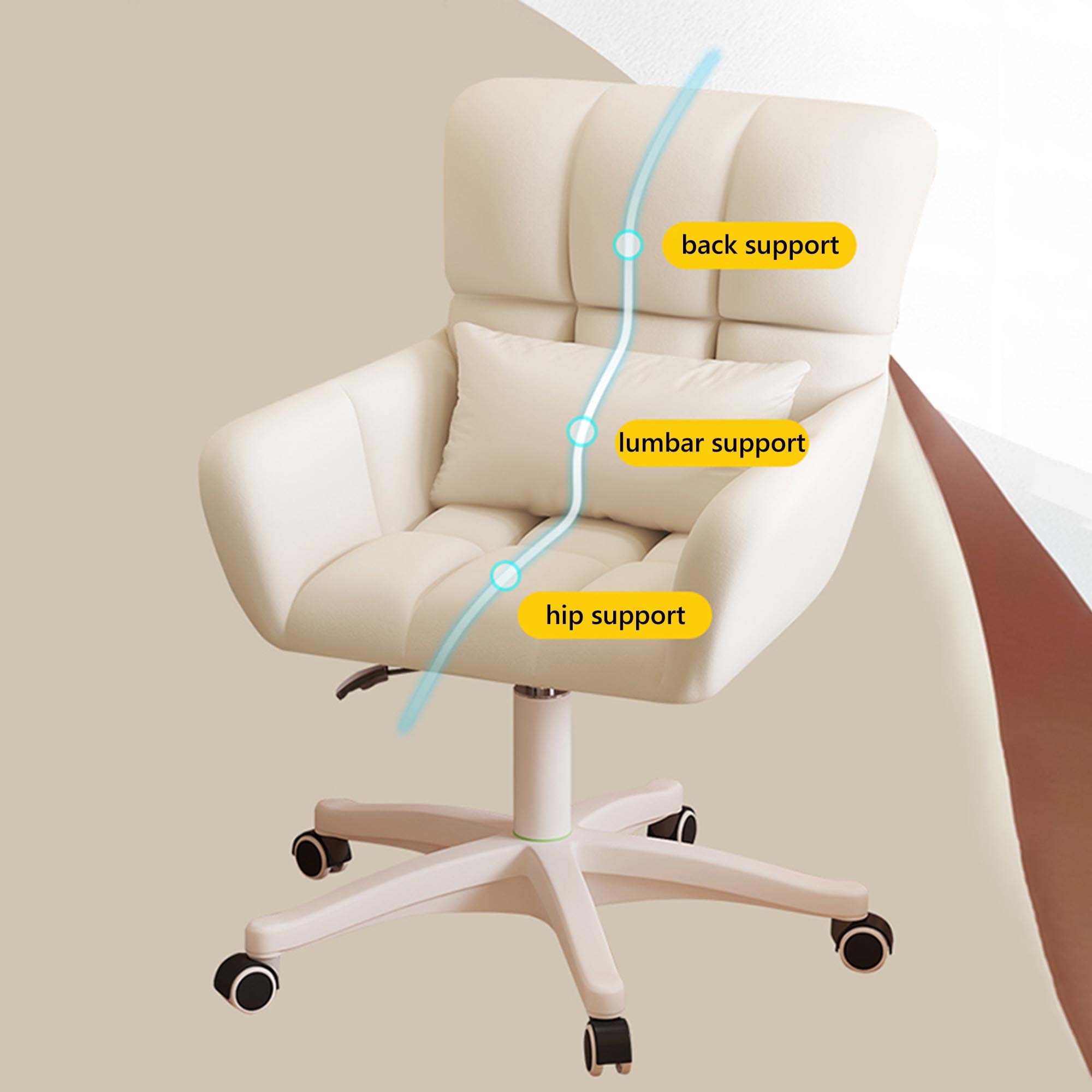 Ergonomiczne obrotowe krzesło komputerowe z podparciem lędźwiowym i podłokietnikami, wygodny fotel do pracy do sypialni i pokoju biurowego