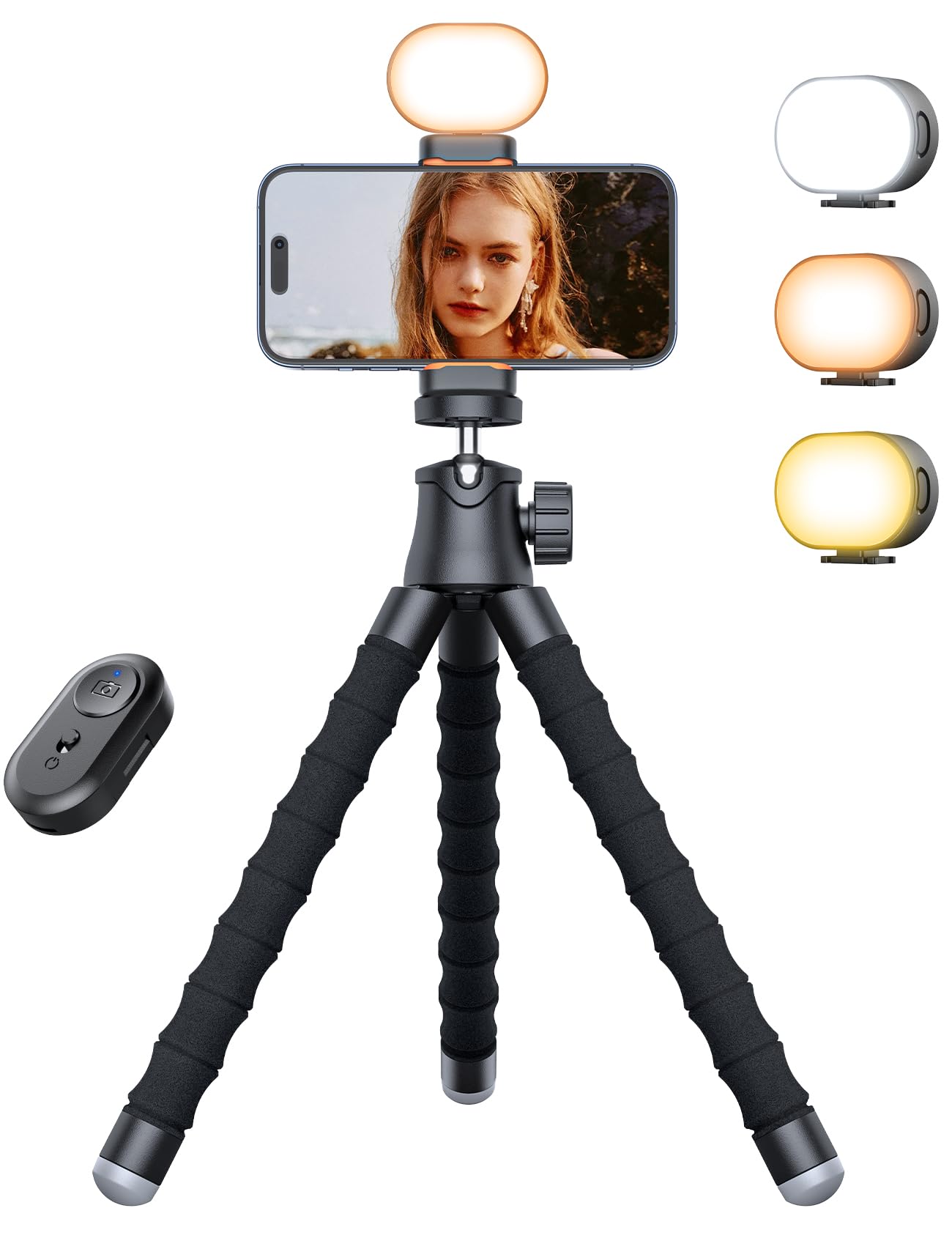 Handy Stativ mit Licht, Tragbarer und Flexibler Phone Tripod für Videoaufnahmen mit Kabelloser Fernbedienung, 360° Drehbare Tischplatte & Reisestative Stativ für Smartphones, iPhone, Kamera