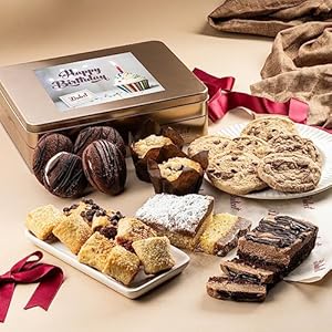 Dulcet Gift Basket Happy Birthday Baked Goods Gift Box – Luxurious Celebration Gourmet Bakery Dessert Party Gift Tin Box with Whoopie Pies, Muffins, Cookies, Crumb Cake, Delicious Pastry for Girlfriend, Mom, Grandfather, Him, and Her