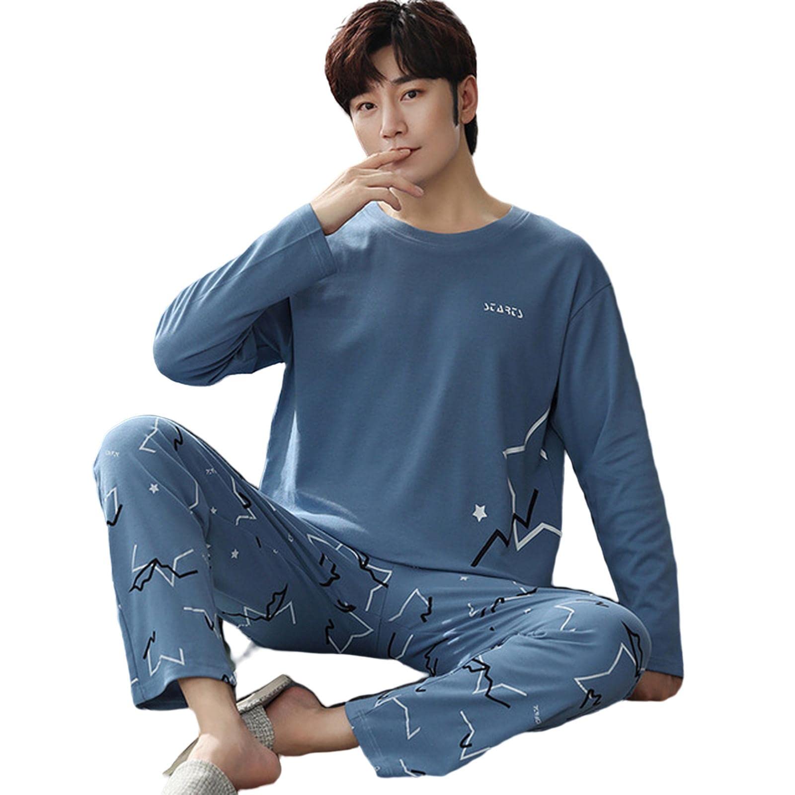 Pigiama Uomo Set di Abbigliamento da Sonno di Primavera Autunno Stampare in Cotone A Piante di Pigiama per Uomini per Uomini Inverno Abiti da Casa di Grandi Dimensioni-N3721,2XL(75-85Kg)