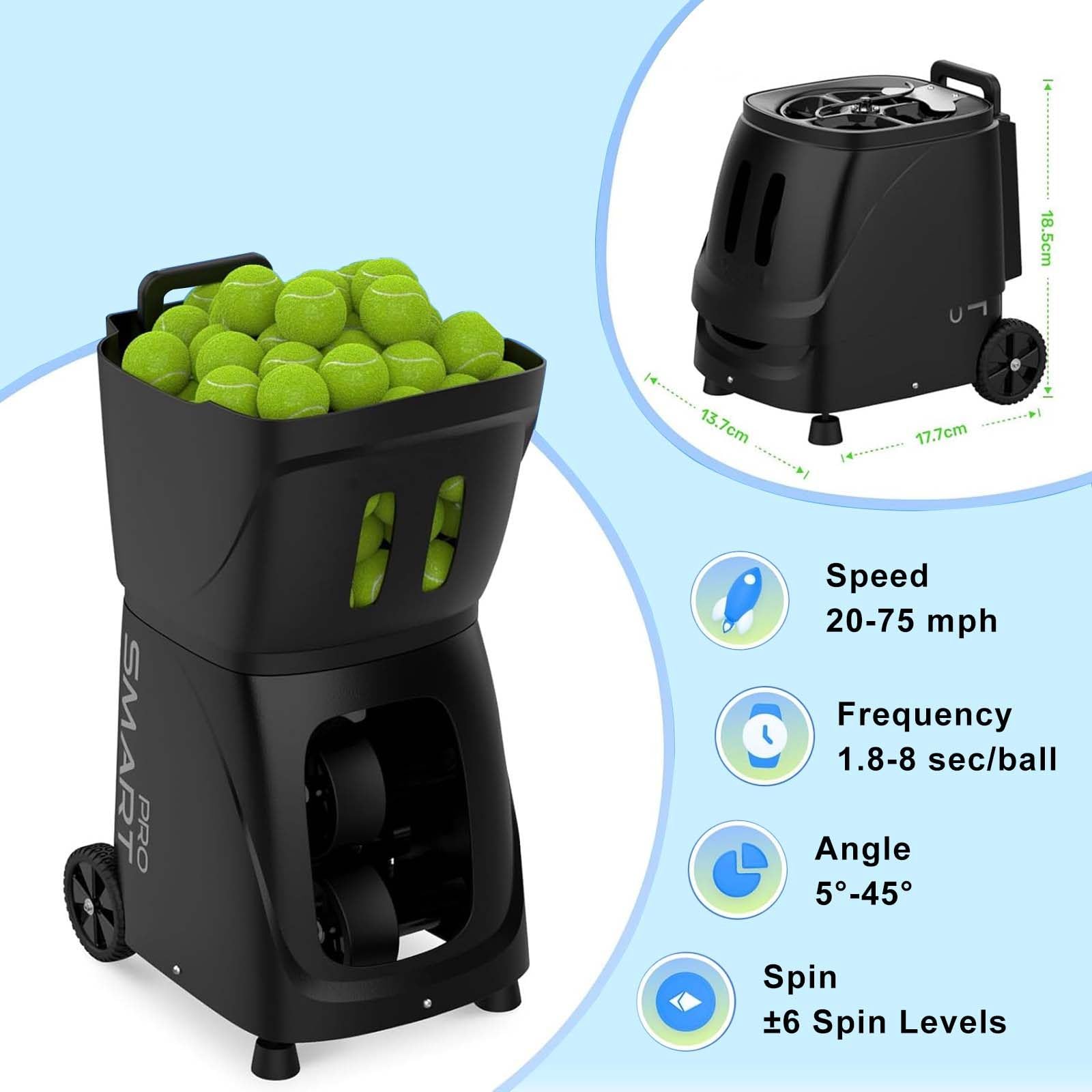 Pt-Mini PRO Lanciapalle da Tennis con Carrello - Macchina Leggera E Portatile con App Intelligente E Telecomando, velocità E Rotazione Regolabili per Giocatori di Tutti I Livelli,Black