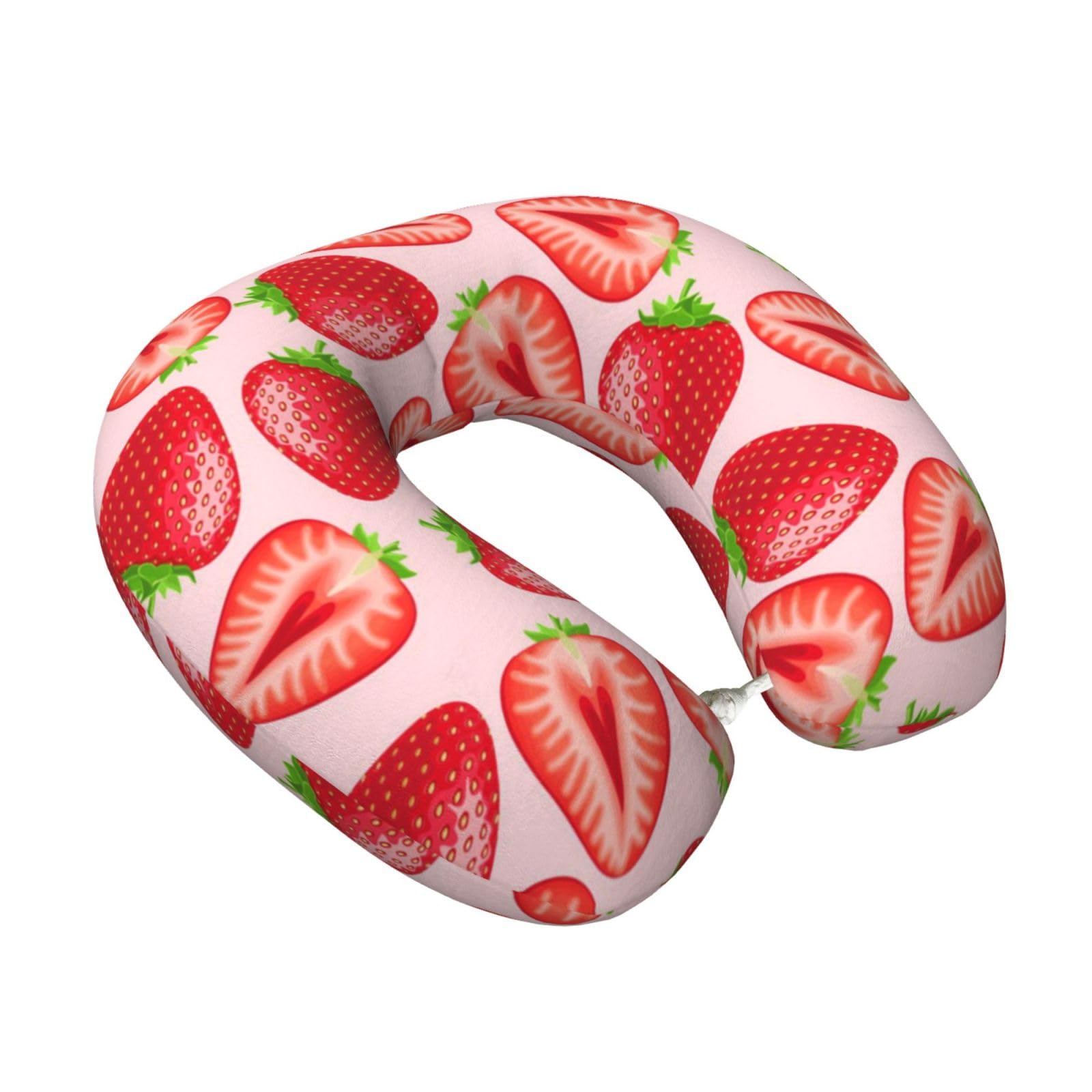 LKYMOH Kawaii Pink Strawberry Print, Travel Neck Pillow U-Shaped Memory Neck Support Soft Comfortable With Washable Cover For Airplane Car Traveling and Office