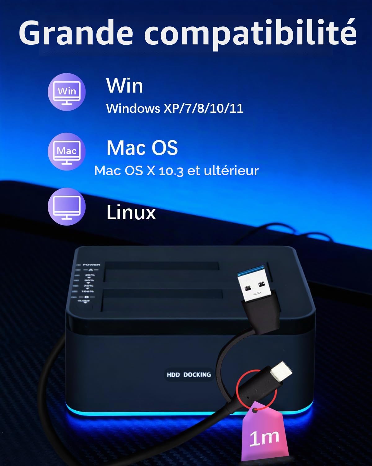 Dock Disque Durs Double Baie, RGB USB 3.0 Station Lecteur Disque Dur La Fonction de Clonage Hors Ligne Prend en Charge UASP Jusqu'à 2*20 to Double Baie pour HDD/SSD SATA 2,5/3,5 Pouces