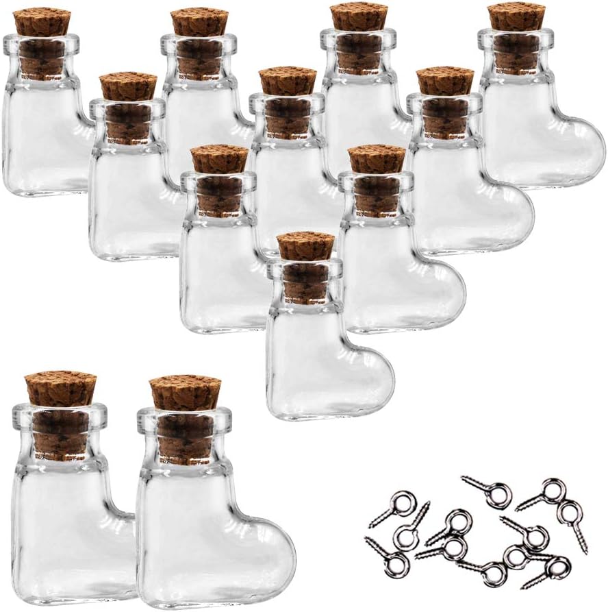 MIGK 12pcs Mini Tiny Clear Glass Jars Bottles Small Charm Vials with Cork Stoppers and Eye Screws for Party Favors Decoration, 1ml Empty Sample Jars Message Pendant Wish Bottle,Boot Shape